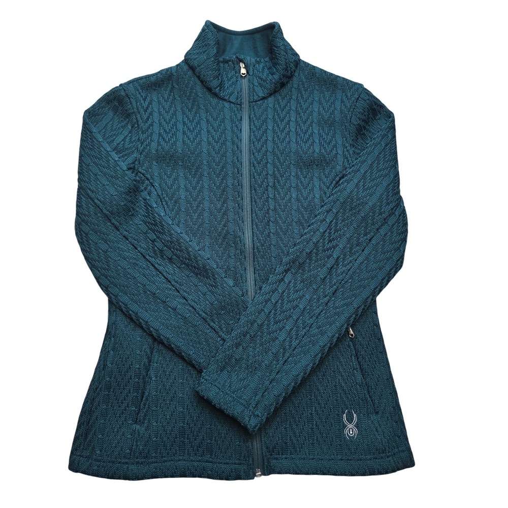 Spyder Core Sweater Full Zip Jacket Cable Knit Fleece Teal Blue Womens Medium